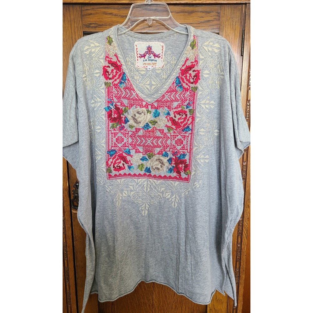 JW Los Angeles Johnny Was Gray Embroidered Floral Cross Stitch Tunic Top Small